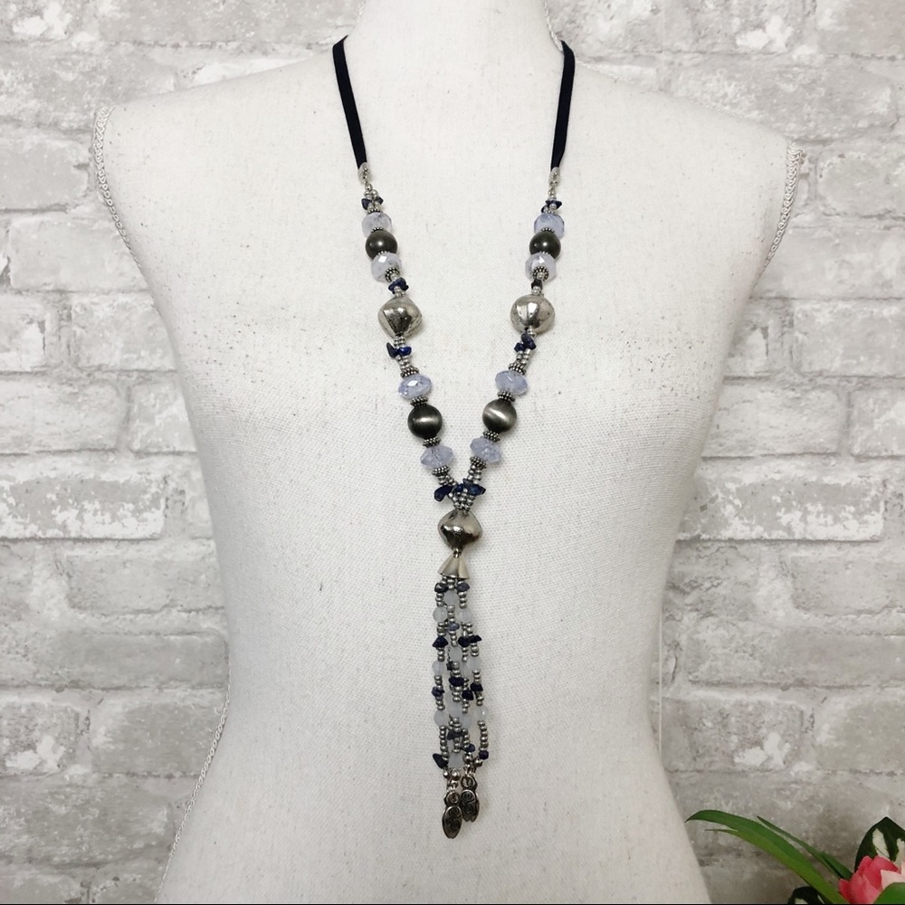 NWT CHICO’S Boho Lavender jewels with Gun Metal Beads Long Tassel Necklace